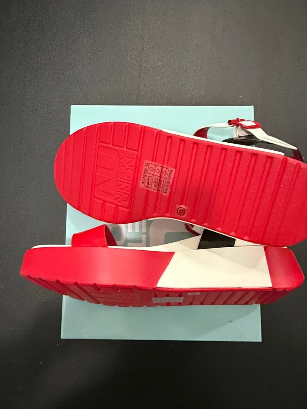 Red, white, and black Ninety Union NU wedge sandals women’s HTF size 13